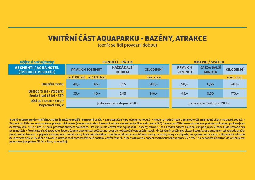 Ceník pro abonenty vnitřní části aquaparku